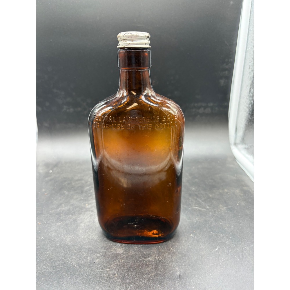 Vintage Amber Glass Flask Federal Law Forbids Sale Or Reuse Liquor Bottle 1 Pint
